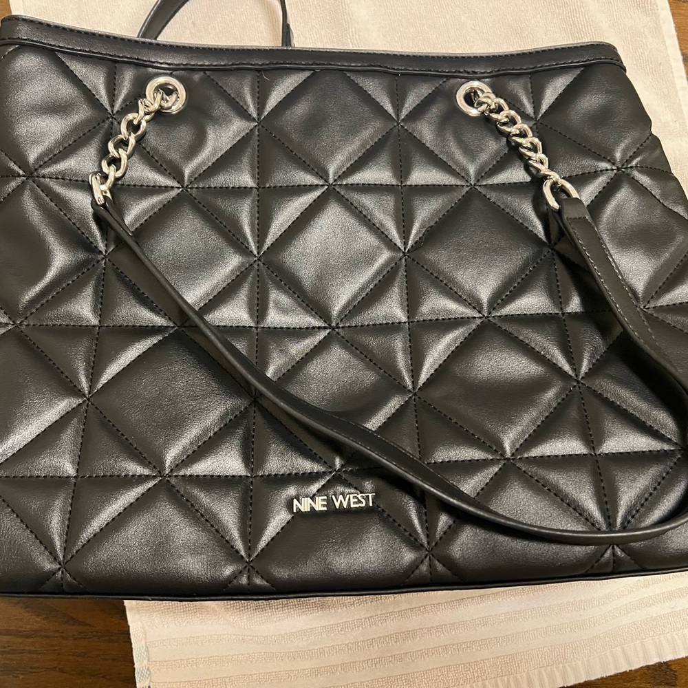 Nine West Black Quilted Tote with Chain Straps